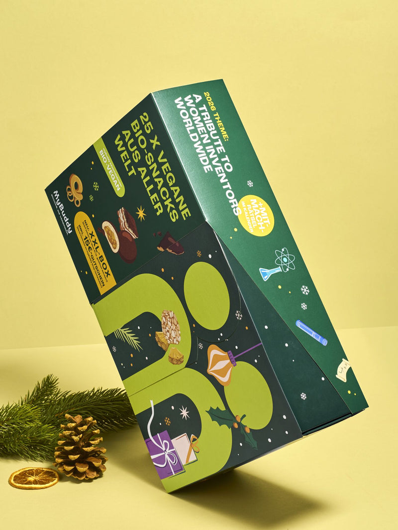 myBuddy Adventskalender 2026, BIO-VEGAN gekippt, gelber Hintergrund