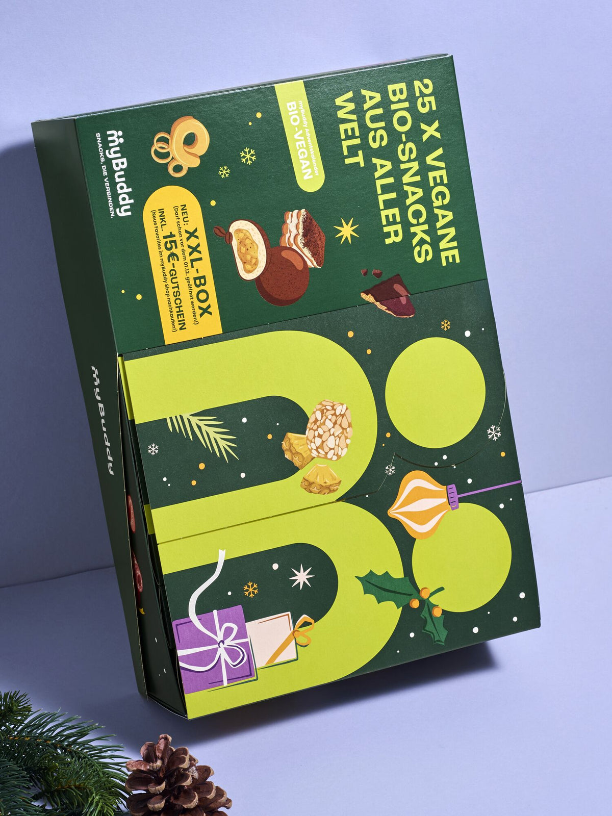 myBuddy Adventskalender 2026, BIO-VEGAN stehend, blauer Hintergrund