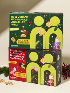 myBuddy Adventskalender 2026, BIO-VEGAN und CLASSIC gestapelt, weisser Hintergrund