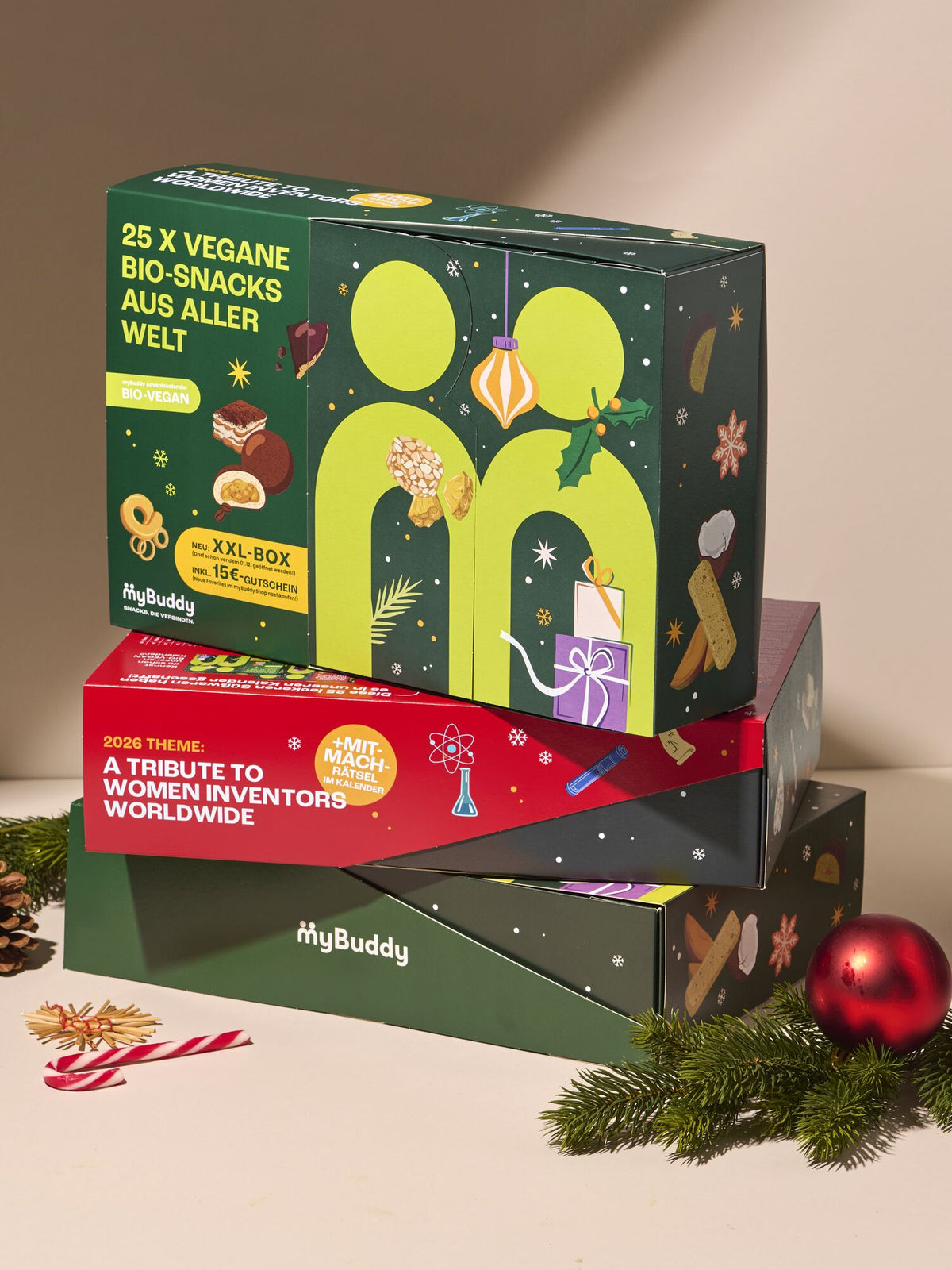 myBuddy Adventskalender 2026, BIO-VEGAN stehend, CLASSIC liegend, beiger Hintergrund