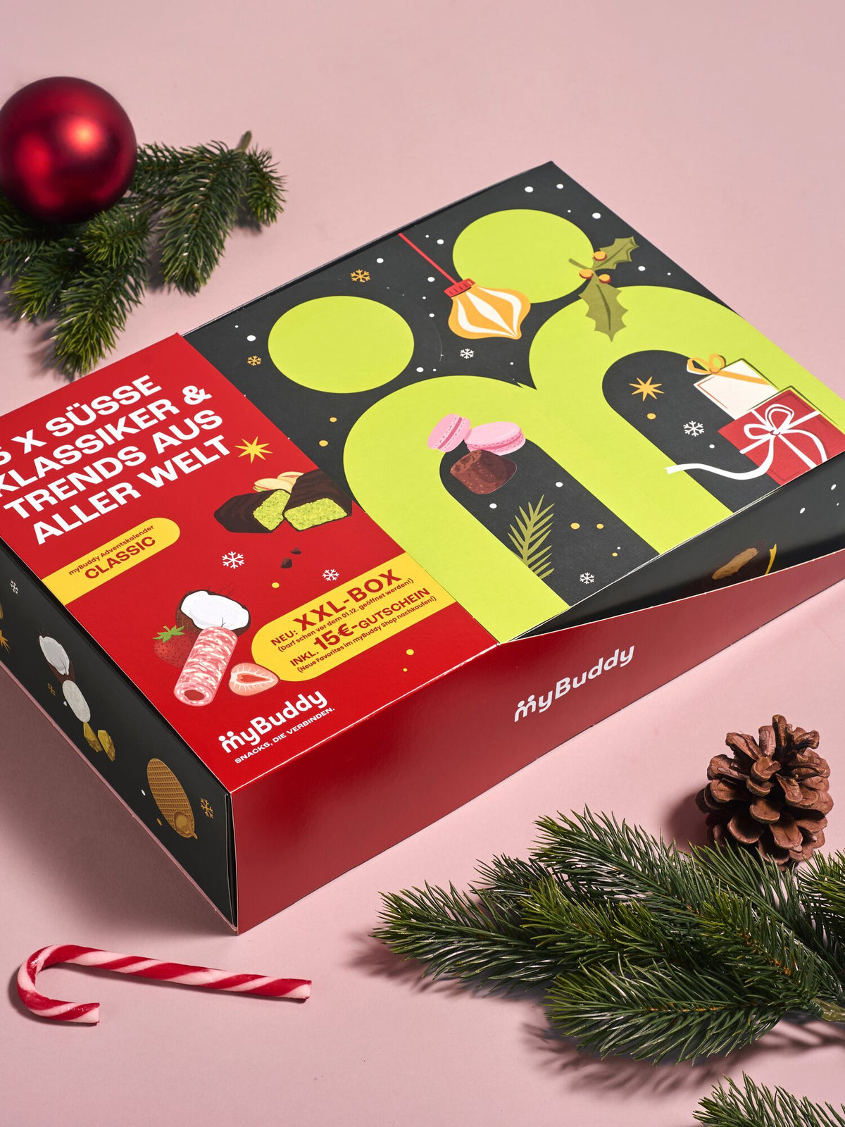 myBuddy Adventskalender 2026, CLASSIC liegend, rosa Hintergrund