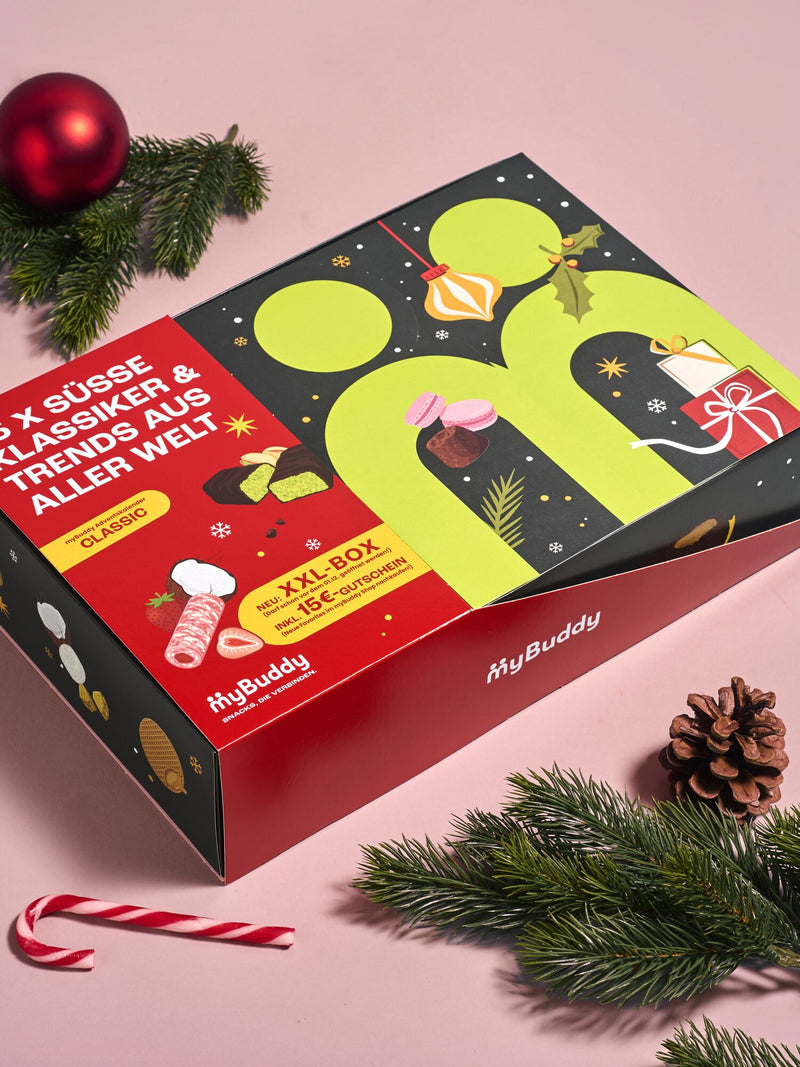 myBuddy Adventskalender 2026, CLASSIC liegend, rosa Hintergrund