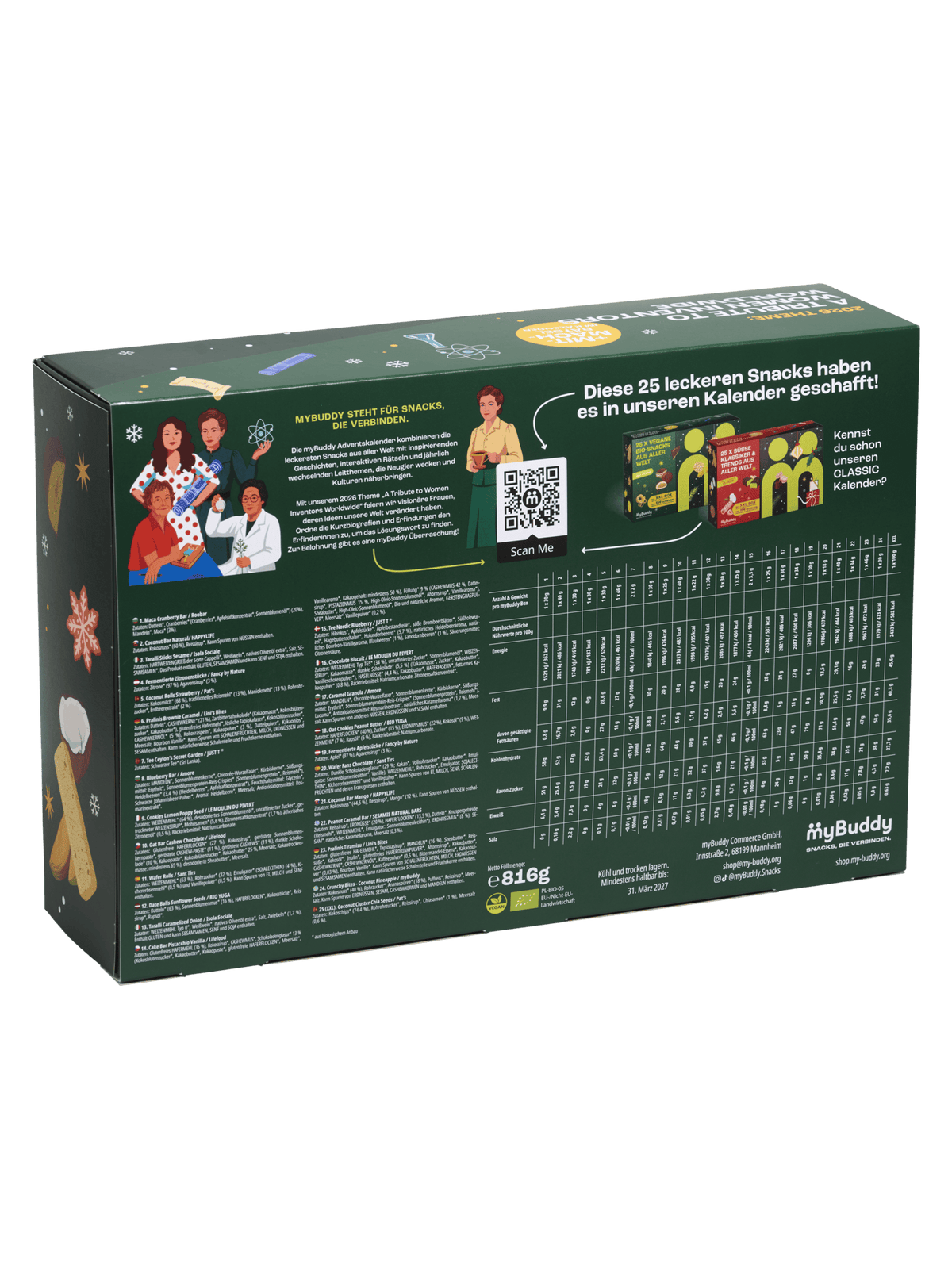 myBuddy Adventskalender 2026 BIO-VEGAN, Verpackung mit Schuber, Rueckseite, freigestellt