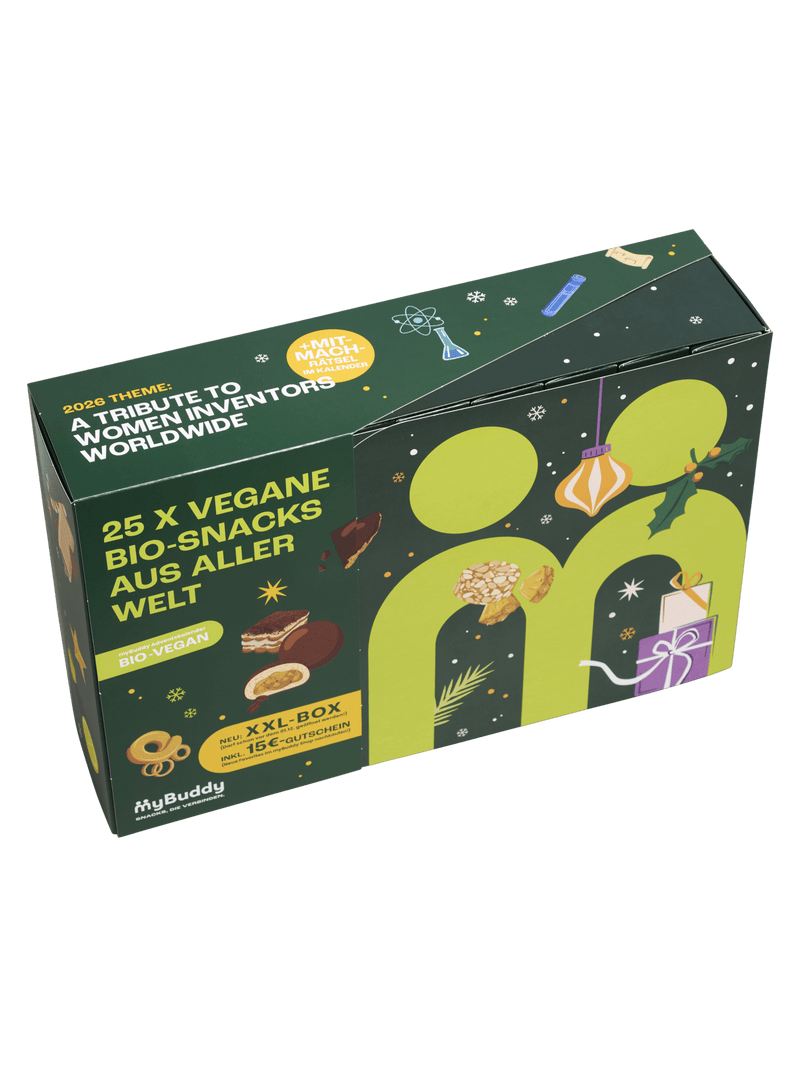 myBuddy Adventskalender 2026 BIO-VEGAN, Verpackung mit Schuber, Draufsicht, freigestellt