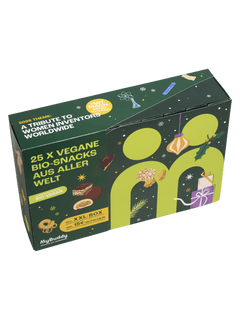 myBuddy Adventskalender 2026 BIO-VEGAN, Verpackung mit Schuber, Draufsicht, freigestellt