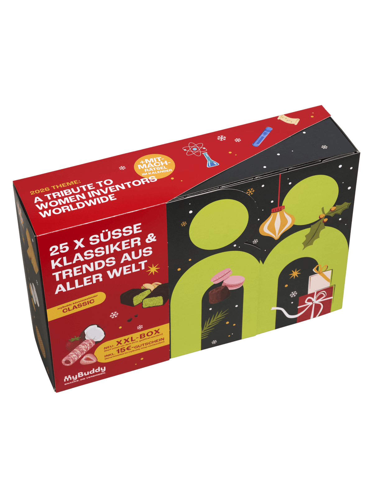 myBuddy Adventskalender 2026 CLASSIC, Verpackung mit Schuber, Draufsicht, freigestellt