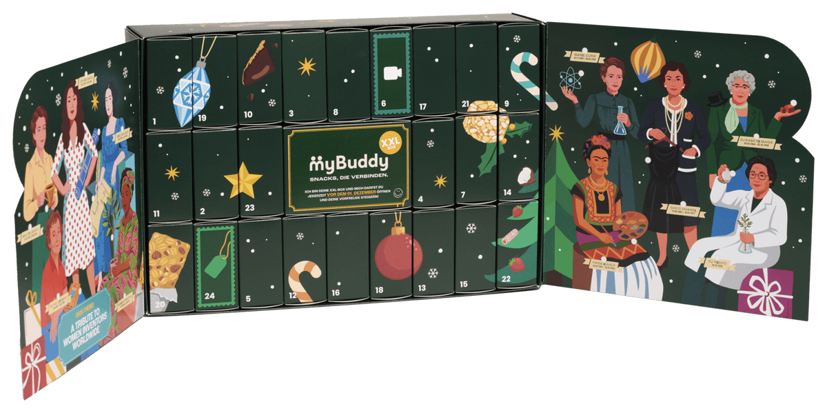myBuddy Adventskalender 2026 BIO VEGAN, geoeffneter Kalender freigestellt, breiter Zuschnitt