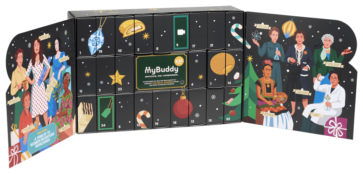 myBuddy Adventskalender 2026 CLASSIC, geoeffneter Kalender freigestellt, breiter Zuschnitt