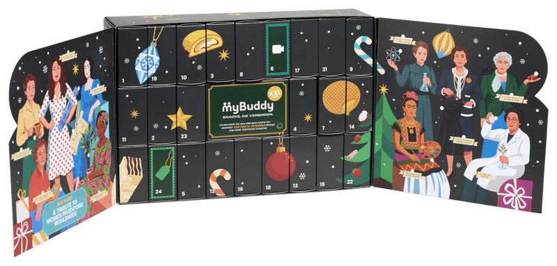 myBuddy Adventskalender 2026 CLASSIC, geoeffneter Kalender freigestellt, breiter Zuschnitt