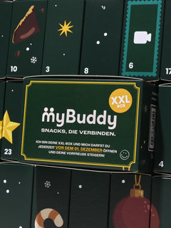 myBuddy Adventskalender 2026, XXL-Box im Detail mit Oeffnungshinweis
