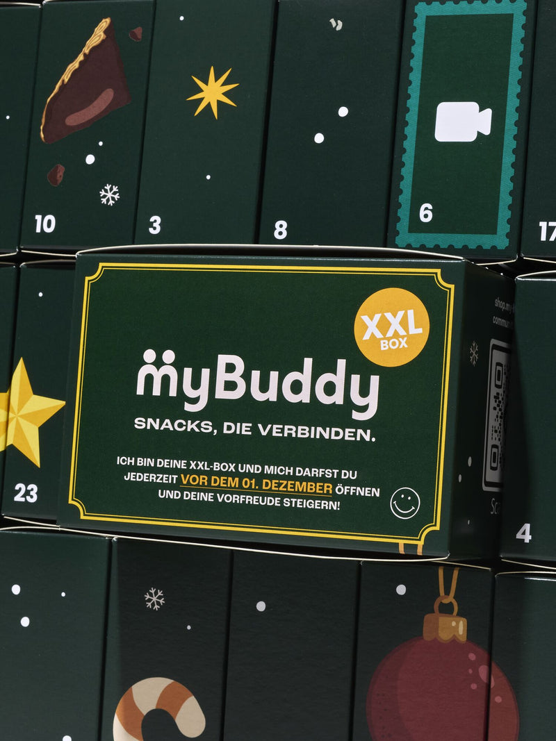 myBuddy Adventskalender 2026, XXL-Box im Detail mit Oeffnungshinweis