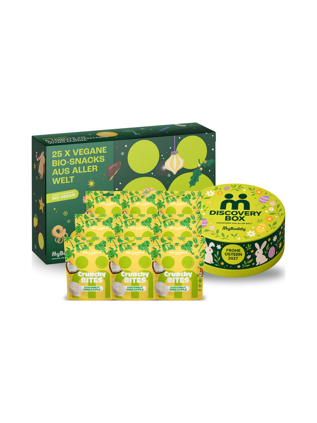 myBuddy HAVE IT ALL Starterpaket BIO-VEGAN: Adventskalender 2026 BIO-VEGAN, neun Beutel Crunchy Nut Bites Coconut Pineapple und Discovery Box Ostern Edition, freigestellt