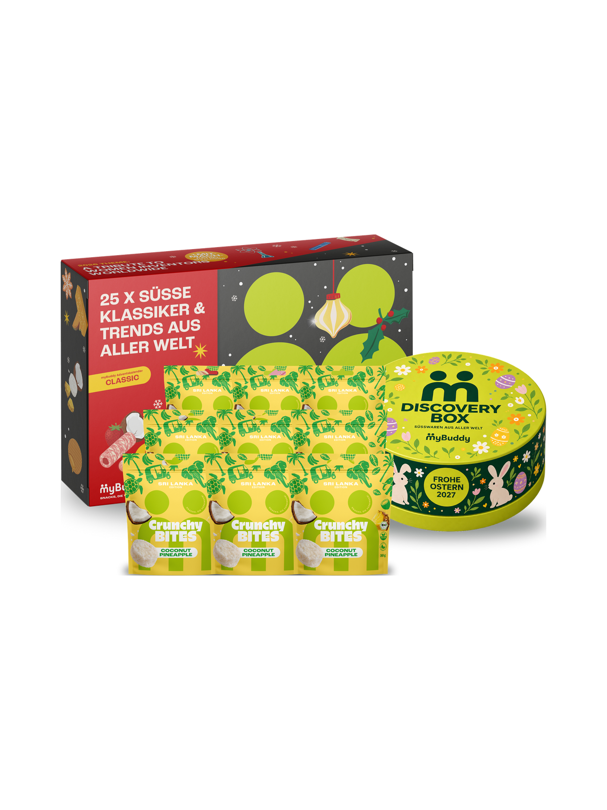 myBuddy HAVE IT ALL Starterpaket CLASSIC: Adventskalender 2026 CLASSIC, neun Beutel Crunchy Nut Bites Coconut Pineapple und Discovery Box Ostern Edition, freigestellt