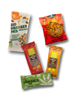 Auswahl einzelner Snacks aus dem myBuddy Adventskalender 2026 BIO-VEGAN, freigestellt: Beutel Bio-Knabbermix, Hafer-Rosinen-Keks, Dattelriegel mit Cranberries, Dattelriegel mit Erdnuss und Hanf-Riegel, jeweils mit Bio- und Vegan-Zeichen auf der Packung, locker überlappend im Flatlay.