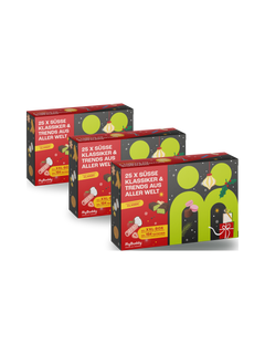myBuddy Adventskalender 2026 CLASSIC im 3er Bundle, drei geschlossene Verpackungen diagonal gestaffelt, freigestellt