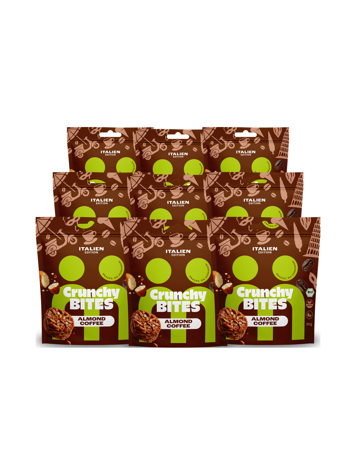 myBuddy Crunchy Nut Bites Almond Coffee, Italien-Edition, neun Beutel in drei Reihen freigestellt