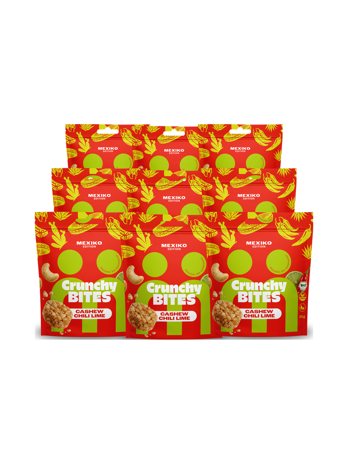myBuddy Crunchy Nut Bites Cashew Chili Lime, Mexiko-Edition, neun Beutel in drei Reihen freigestellt