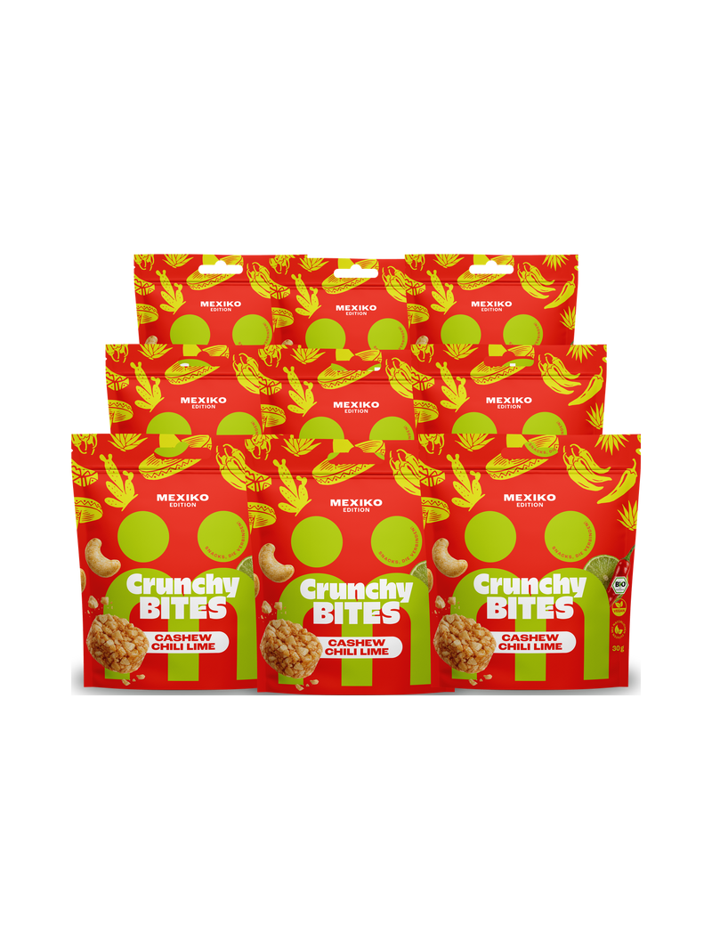 myBuddy Crunchy Nut Bites Cashew Chili Lime, Mexiko-Edition, neun Beutel in drei Reihen freigestellt